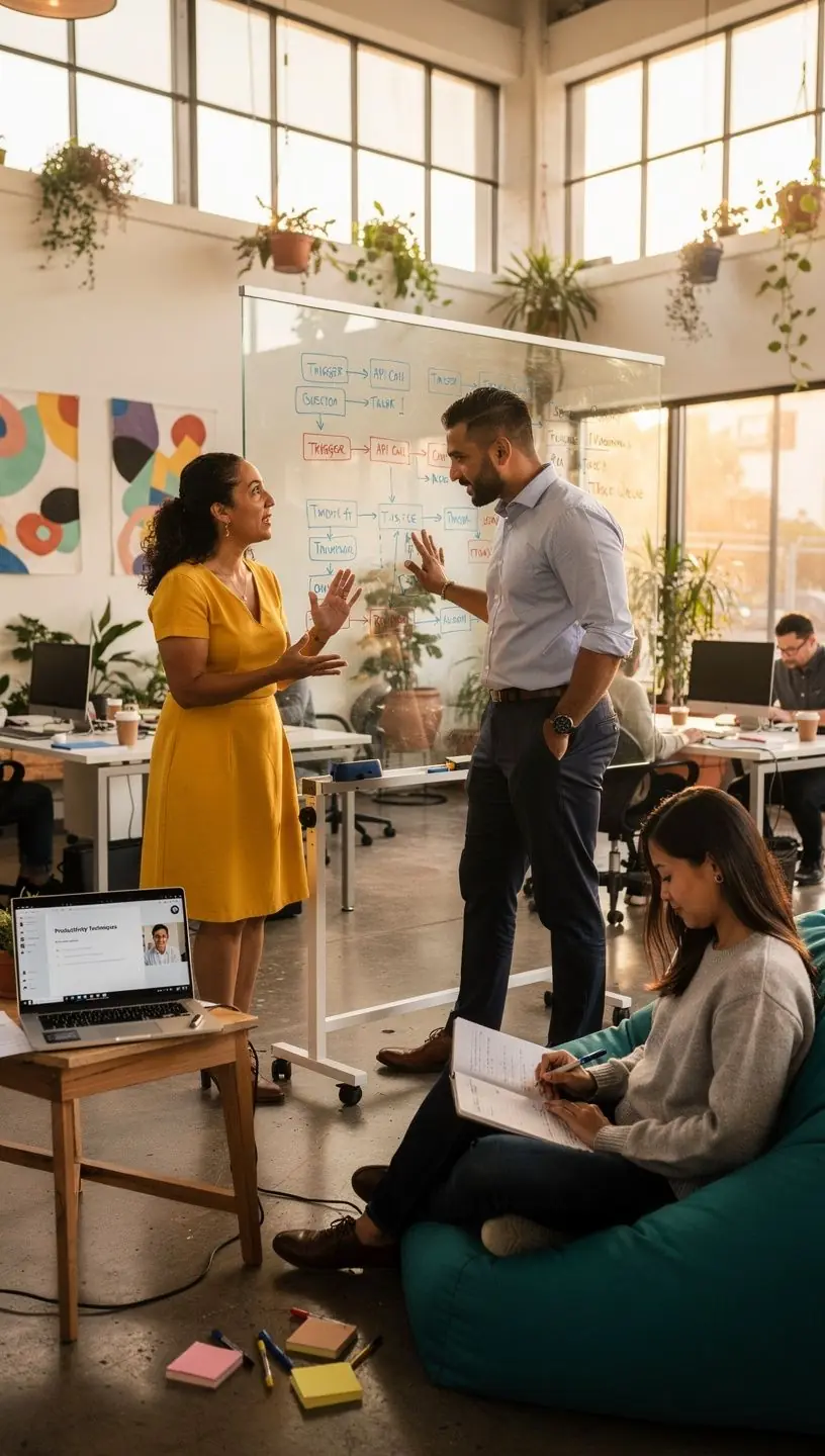 Photo of a diverse team collaborating on software automation strategies in a modern office