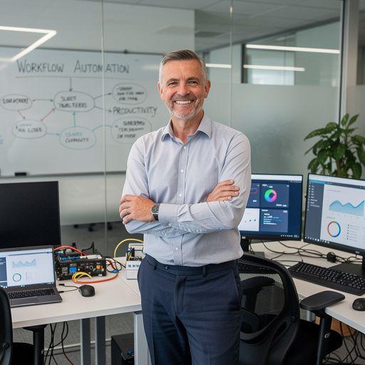 Professional software developer reviewing automation workflow diagrams on a computer screen